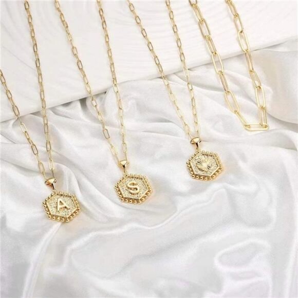14K Gold Plated Paperclip Chain Necklace Hexagon Letter Pendant Choker Necklace - Picture 6 of 6